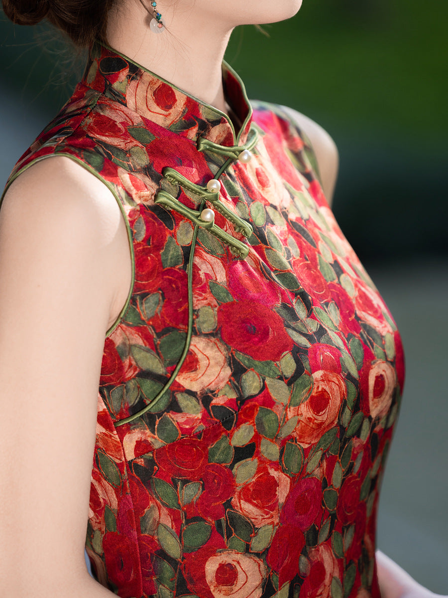 Floral Shadow Rose Cheongsam – 2025 Sleeveless Youth Dress