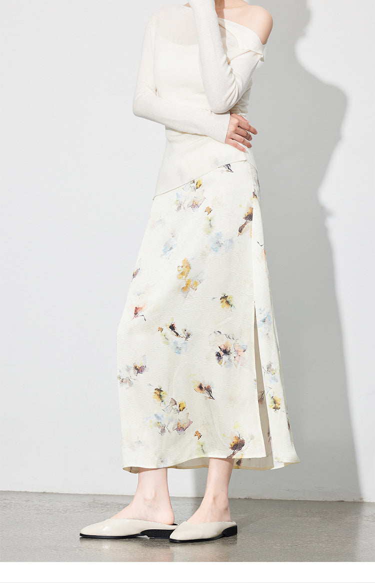 Chic Printed Midi Skirt, Side Slit Design for Women