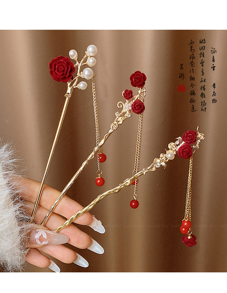 Velvet Rose Hairpin | Elegant Chinese Style Ancient Tassel Ornament