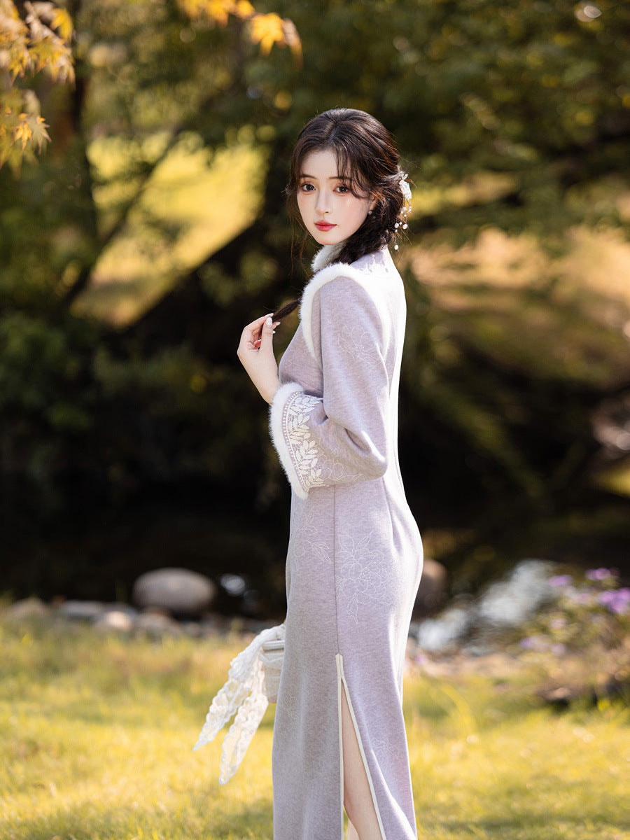 Embroidered National Style Qipao | Inverted Sleeve Winter Thickened Dress