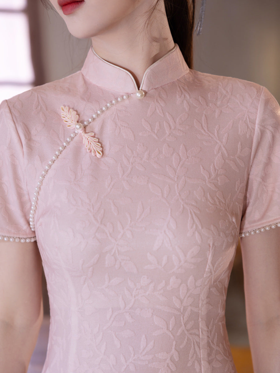 Retro Lace Qipao – Pink Elegant New Chinese Style Dress