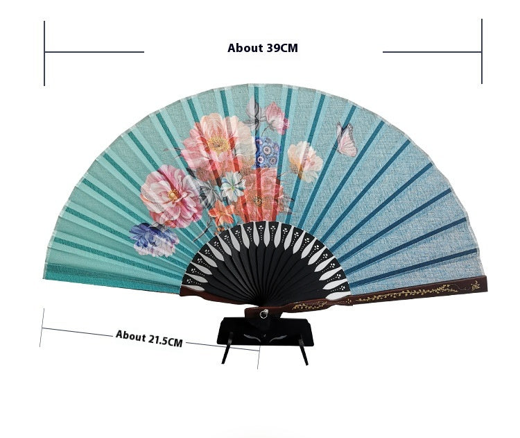 Summer Chinese Folding Fan — Ancient Style Cotton Linen Fan with Tassels