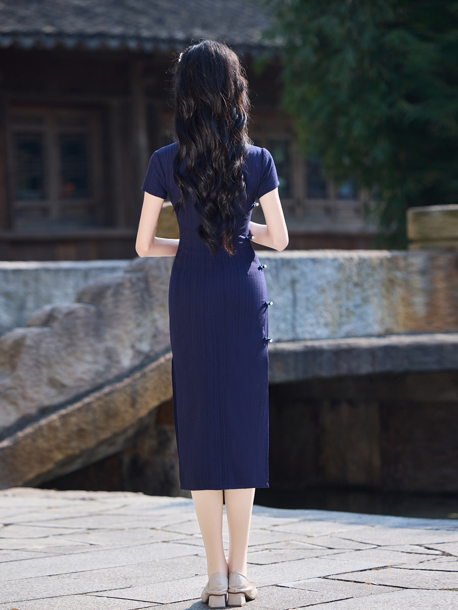 Striped Cotton Linen Cheongsam – 2025 Vintage Artistic Dress