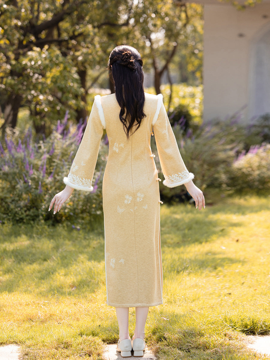 Long Sleeve Crystal Velvet Qipao | Winter Thickened Fleece Lined Dress