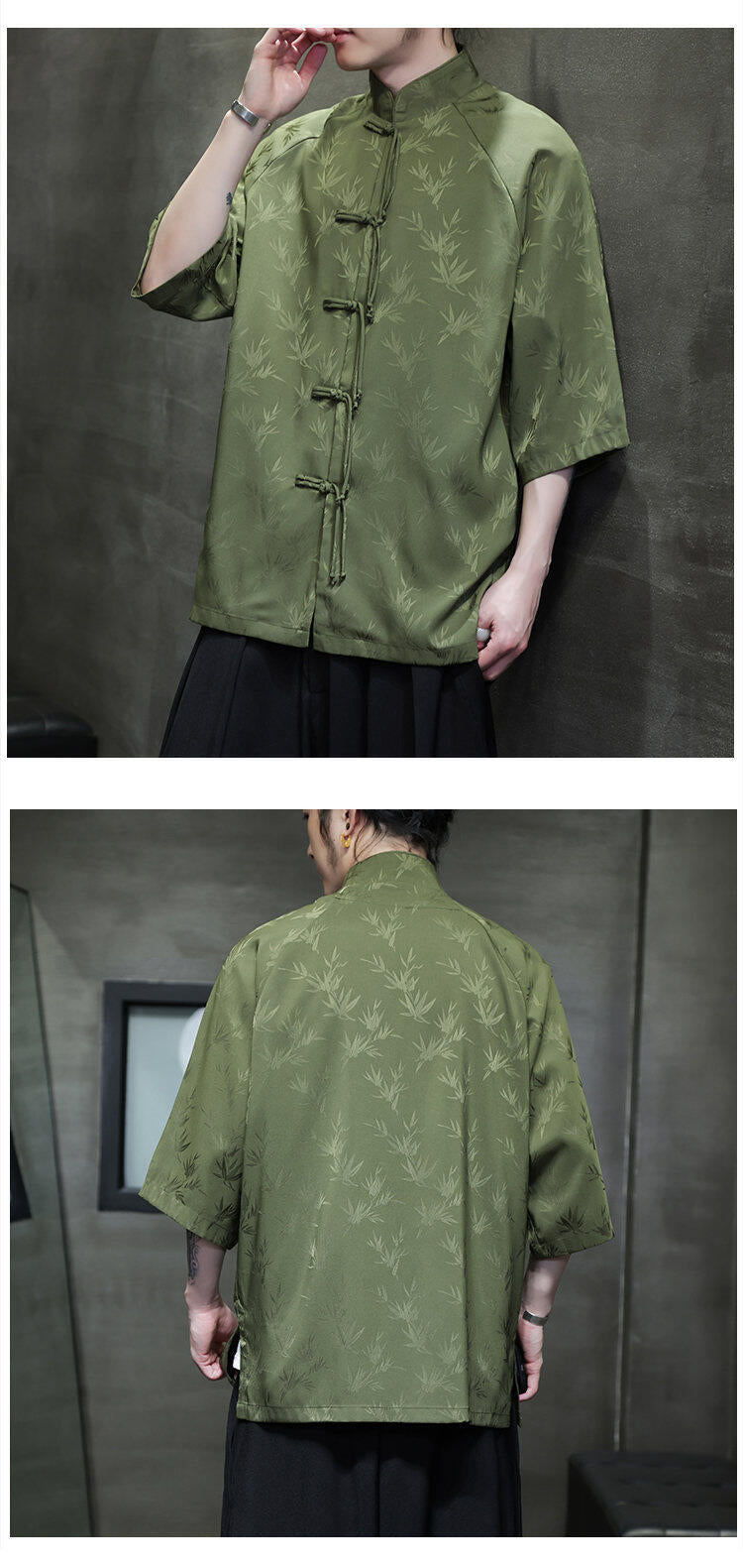 Summer Chinese Style Ice Silk Jacquard Tang Shirt Mens Stand Collar Top