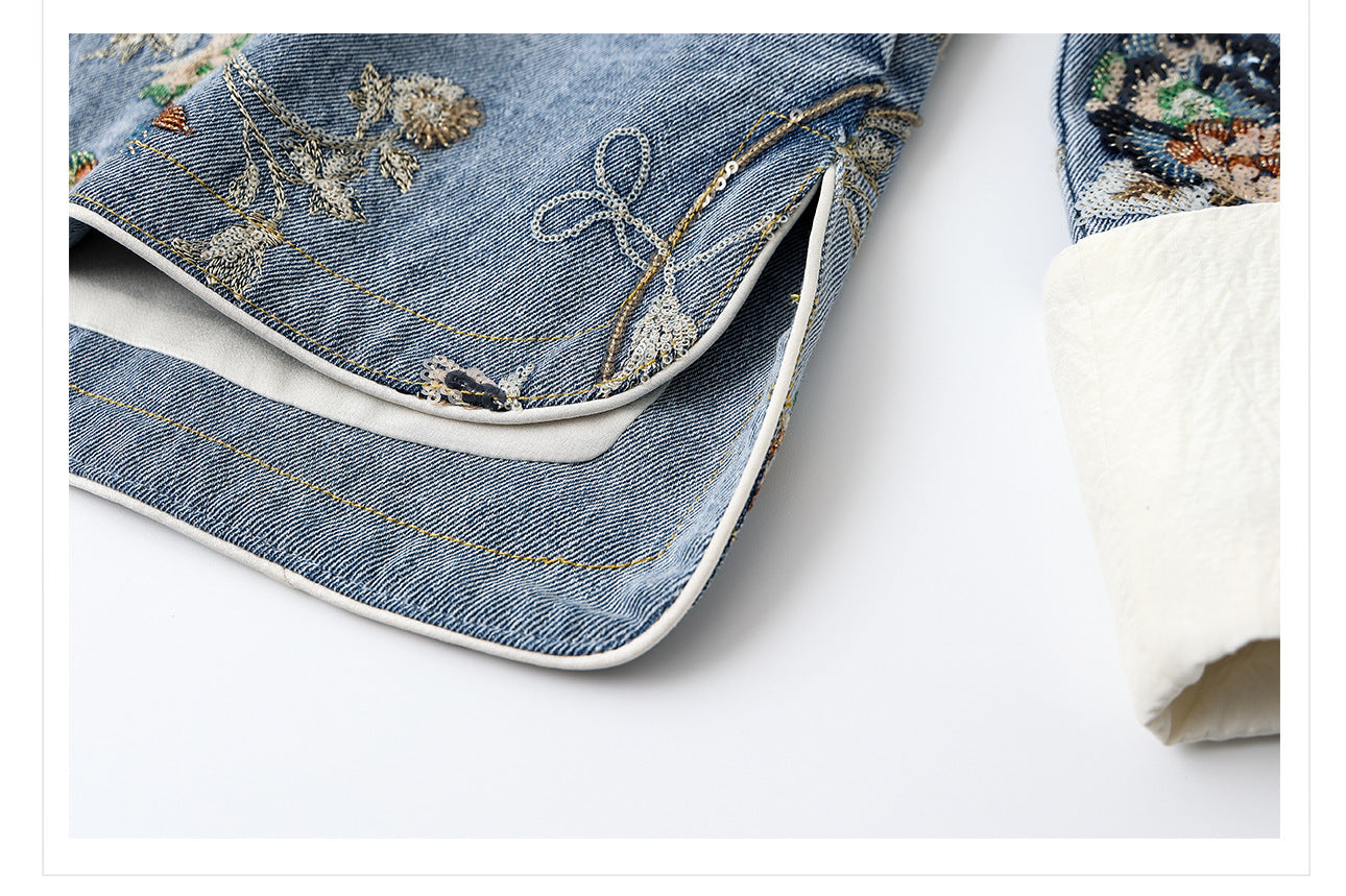 Blue Sequin Embroidered Denim Jacket High-End New Chinese Style