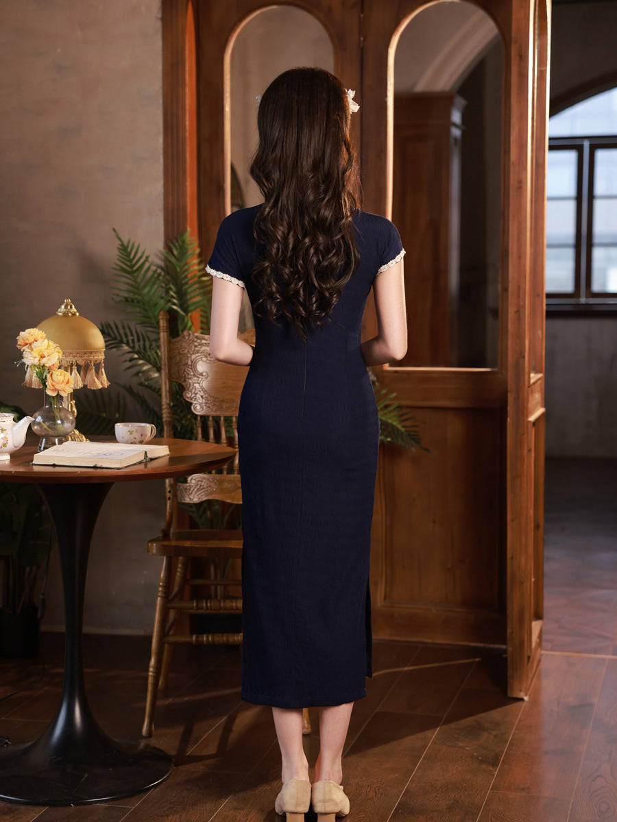 Navy Blue Old Shanghai Cheongsam – Mid-Length Summer Dress