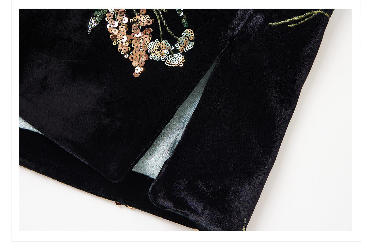 Elegant New Chinese Satin Floral Sequin Loose Black Top
