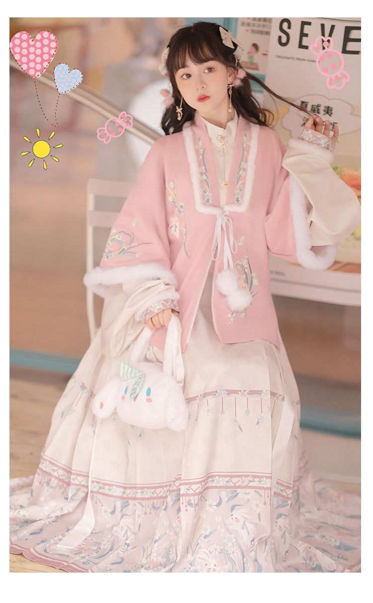 Trees of Sea Women Ming Hanfu Set: Fleece Lined Embroidered Collared Jacket & Horse Face Skirt New Year Outfit
