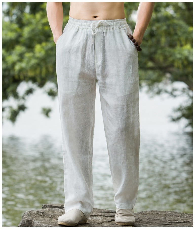Mens Summer Thin Breathable Linen Pants Cotton Linen Wide Leg Casual