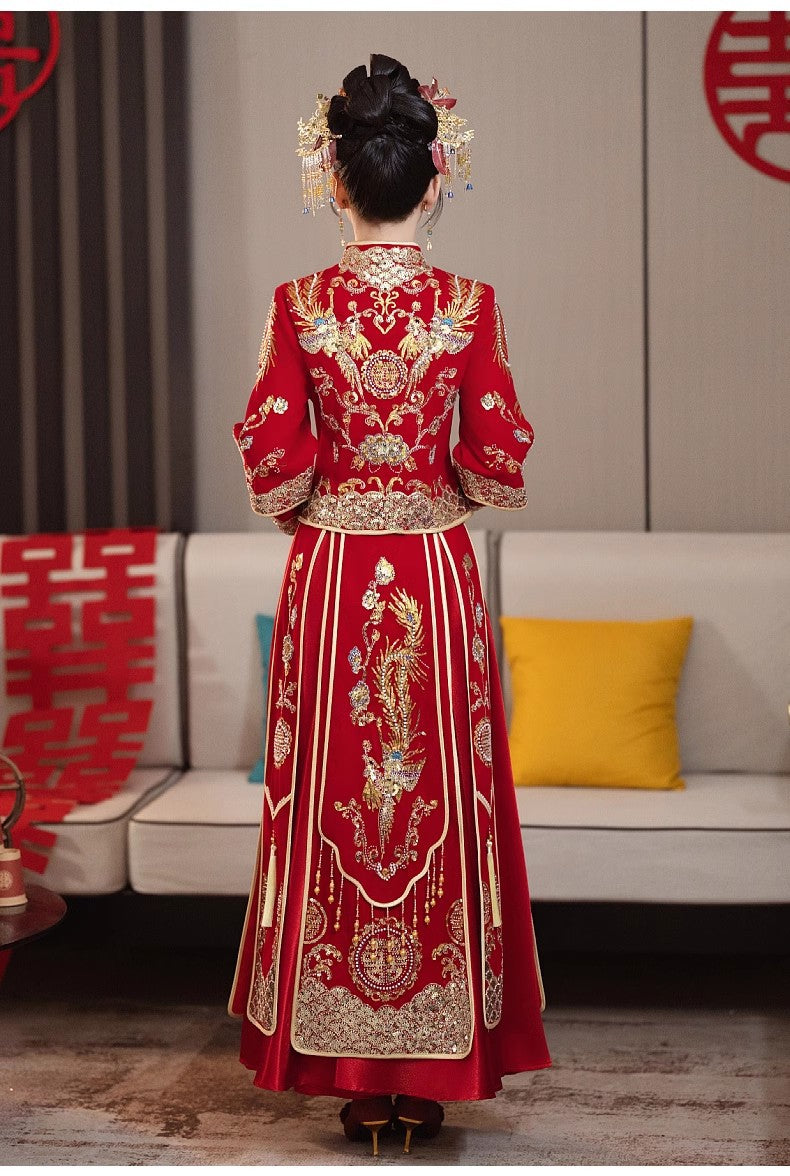 Chinese Wedding Xiuhe Dress Bride Velvet Toast Suit Set