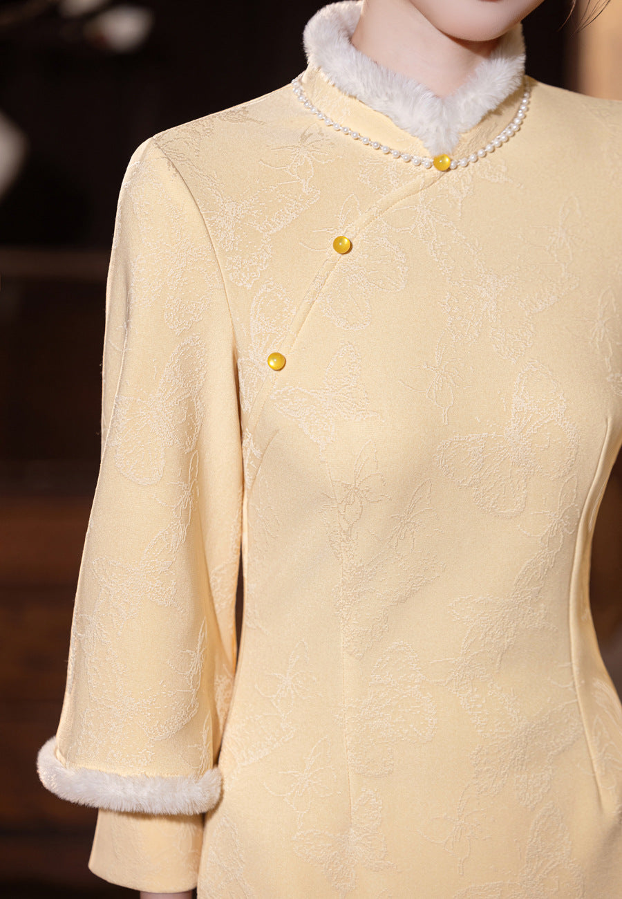 Elegant Yellow Winter Cheongsam – High-End Warm Daily Style