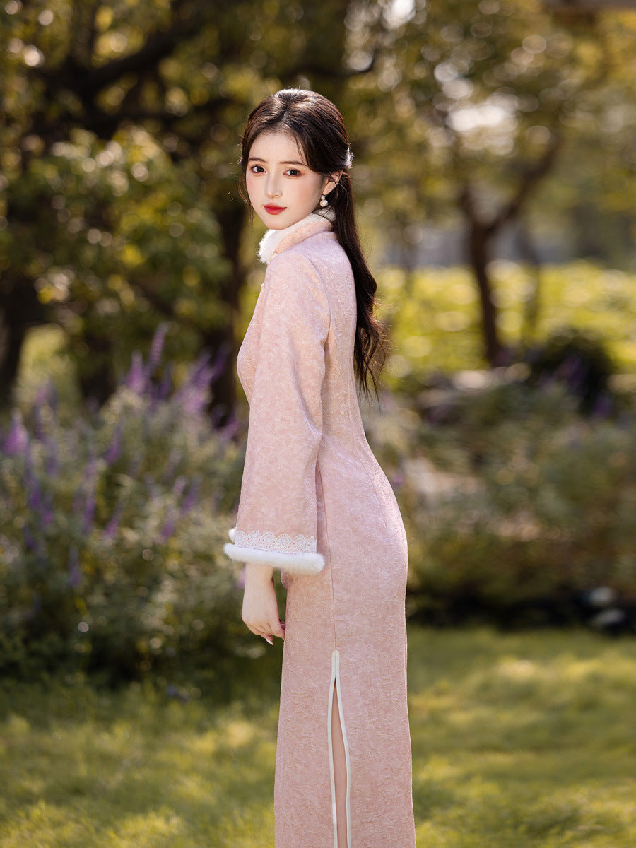2025 New Pink Chinese Style Qipao | Warm Elegant Thickened Winter Dress