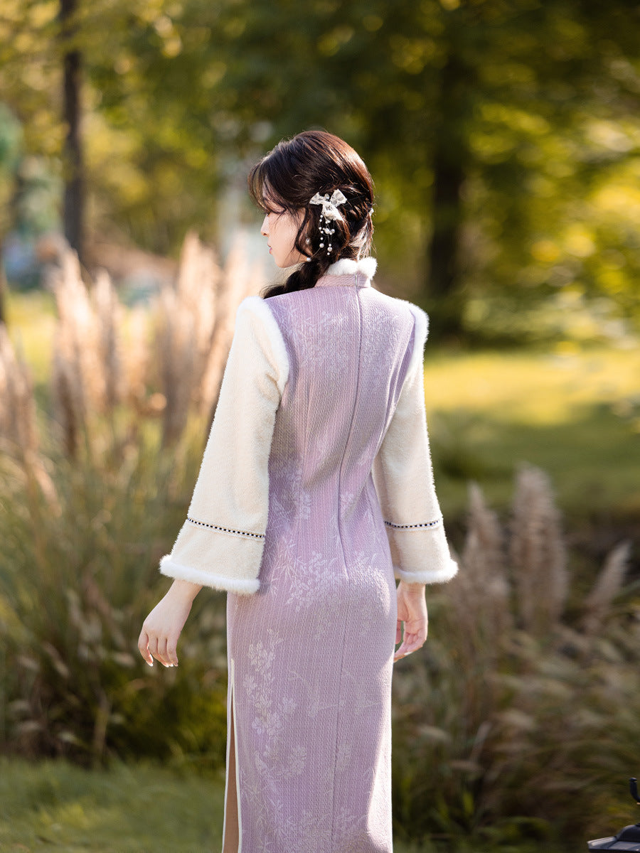 Thick Flared Sleeve Long Cheongsam | Youth New Chinese Style Winter Dress