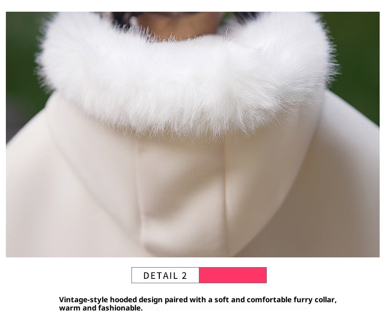 Girls' Winter Hanfu Cloak with Fur Collar Hooded Fairy Cape