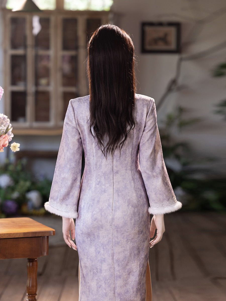 New Chinese Style Purple Qipao | Thickened Warm Retro Winter Dress