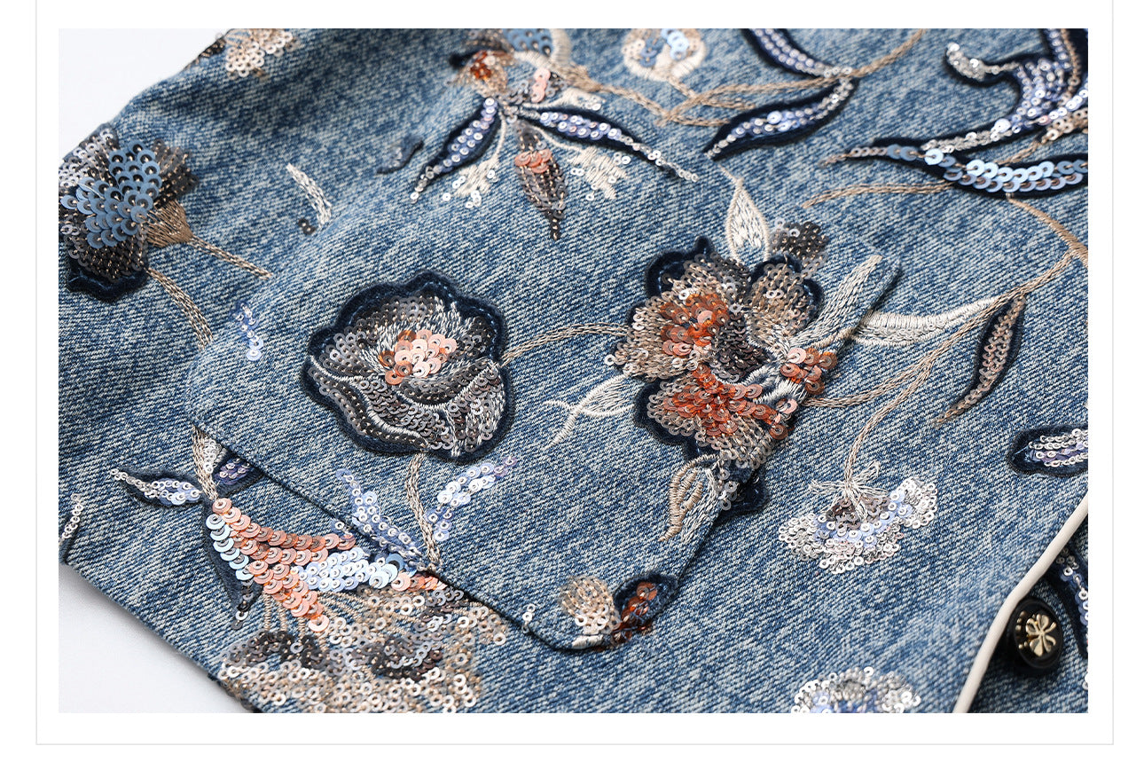 New Chinese Style Denim Jacket | Sequin Embroidery Elegant National Top