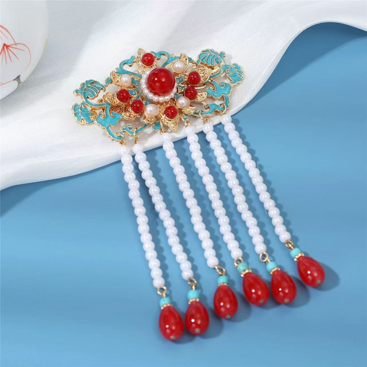 Original Hanfu Hairpin Retro Song Ming Style Enamel Duckbill Clip Red Bridal