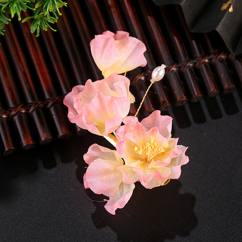 Fairy Pink Silk Flower Hairpin Ancient Style Hanfu Cheongsam Side Clip