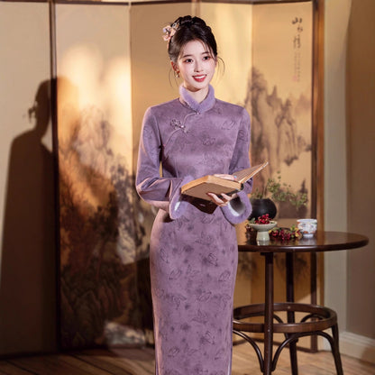 2025 New Chinese Cheongsam – Youthful Elegant Purple Winter Dress