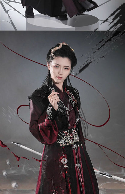 Men's and Women's Song Dynasty Hanfu Set Black Red Cross Collar Outfit