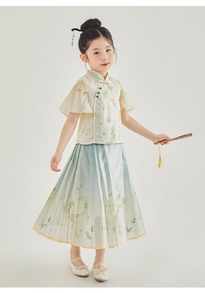New Chinese Style Girls Outfit — Short Sleeve Shirt & Pleated Skirt