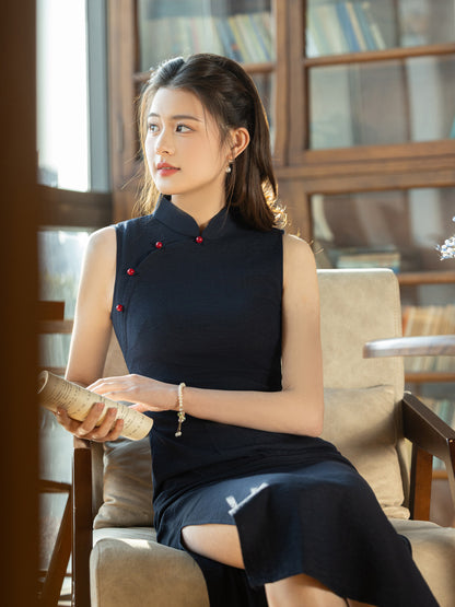 Navy Blue Sleeveless Cheongsam – Youth Slim Daily Dress