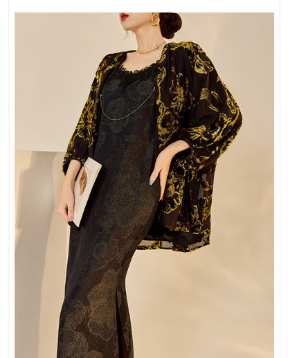 Velvet Burnout Jacket & Printed Cardigan Dress Set for Autumn