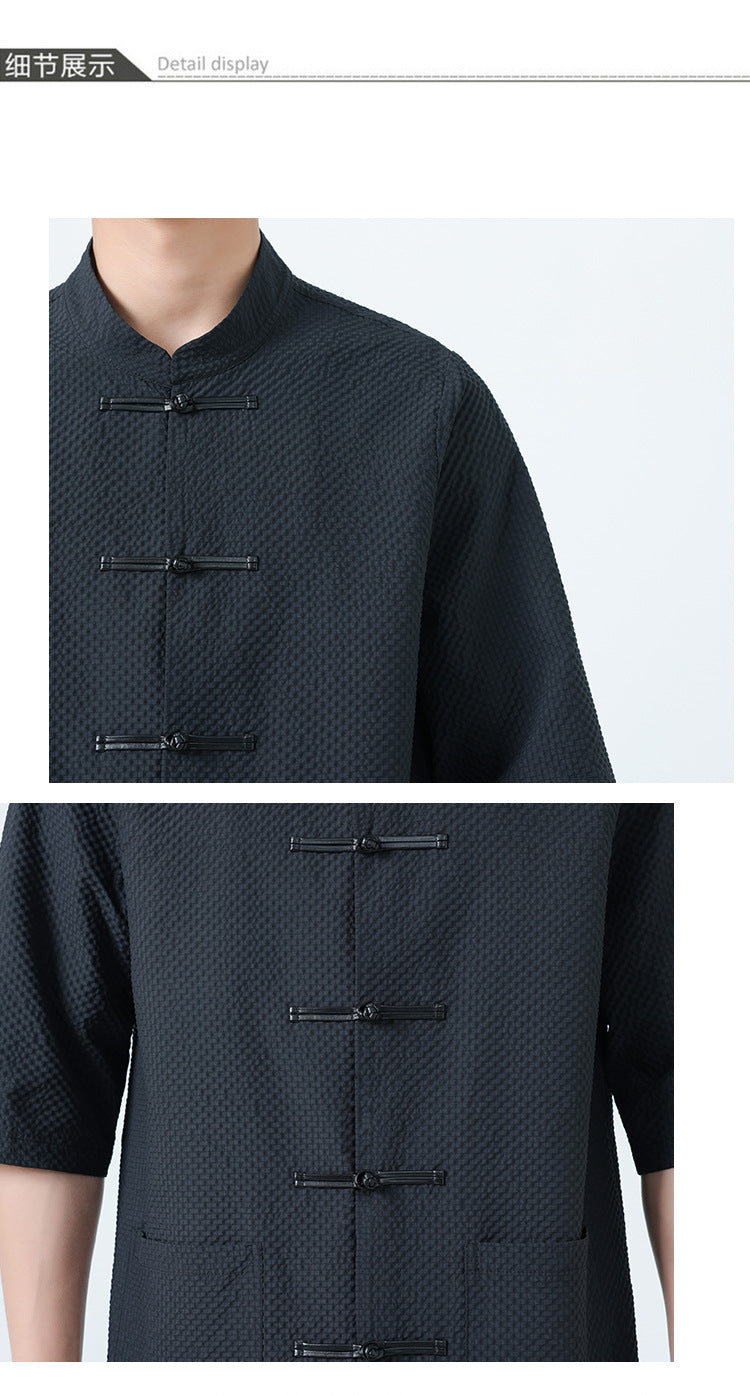 Mens Chinese Cotton Linen Shirt Retro Stand Collar Tang Suit Top