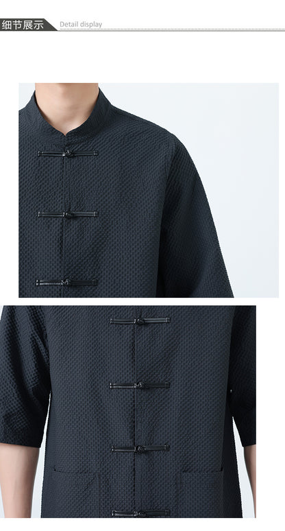 Mens Chinese Cotton Linen Shirt Retro Stand Collar Tang Suit Top