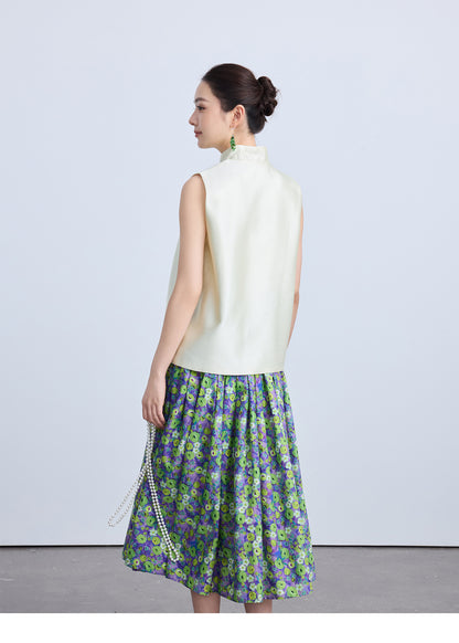 High-End Green Floral Midi Skirt with Elastic Waist