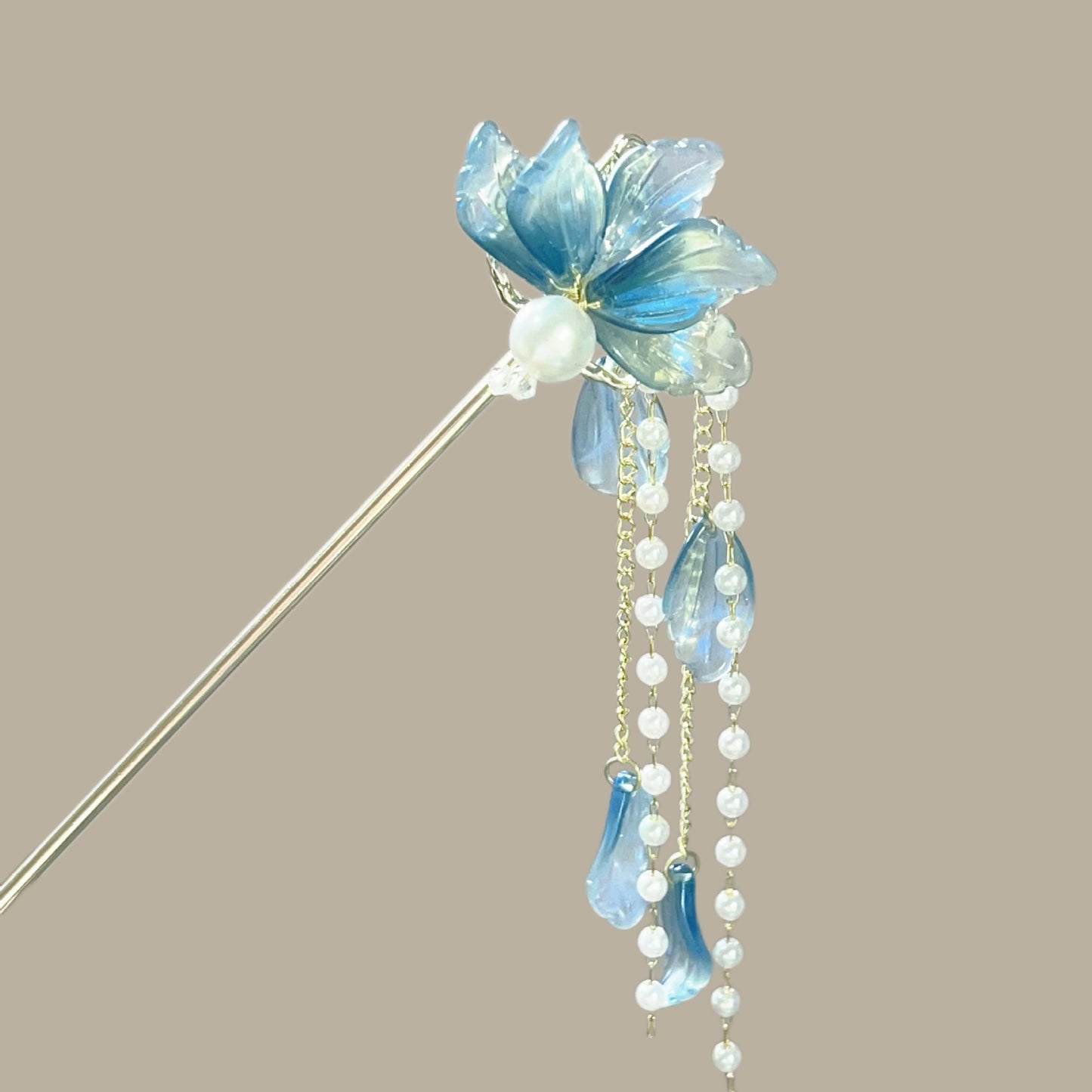Ancient Style Blue Flower Hairpin High End Chinese Style Pearl Tassel Hairpin