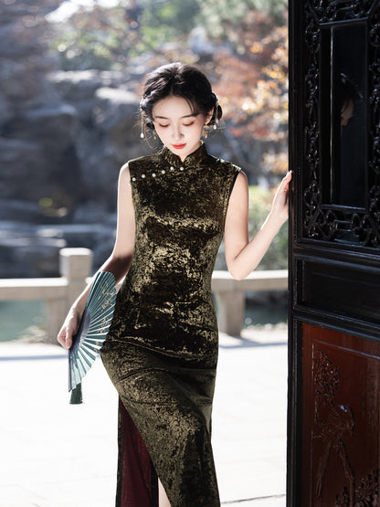 New Chinese Style Black Velvet Cheongsam – Slim Fit Dress