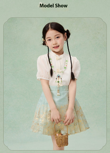 Girls Summer Hanfu Set — Short Sleeve Shirt & Mamian Skirt Two-Piece