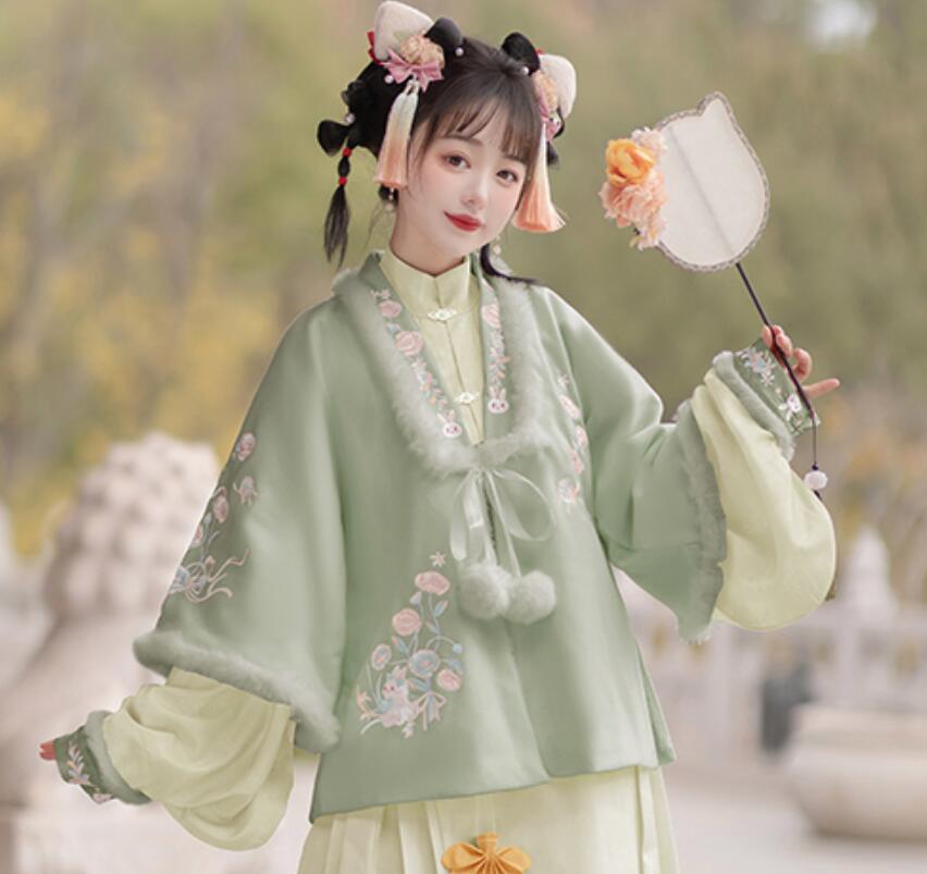 Trees of Sea Women Ming Hanfu Set: Embroidered Stand Collar Jacket & Horse Face Skirt New Year