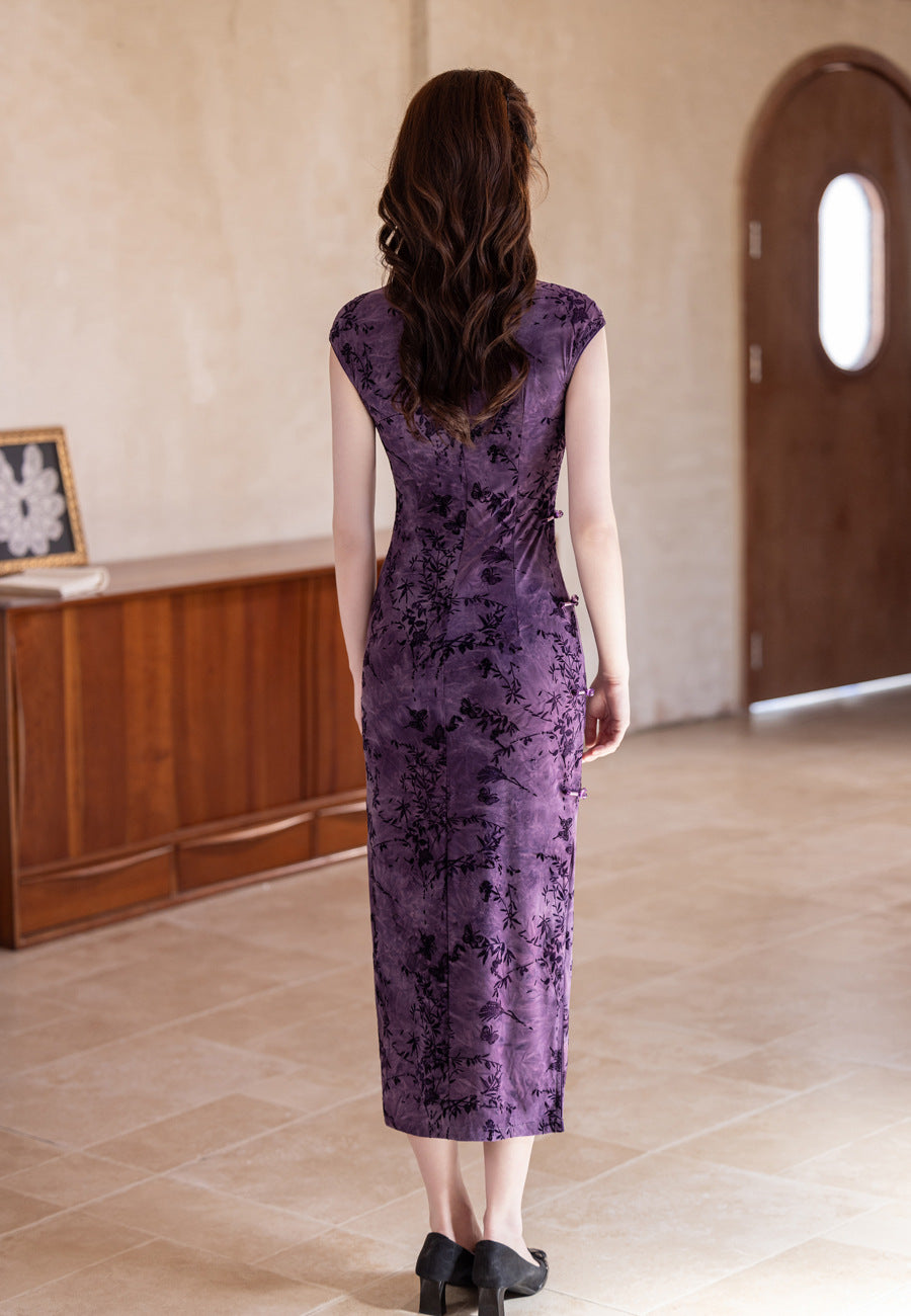 Autumn Elegant Cheongsam – Purple Retro Crescent Sleeve Dress