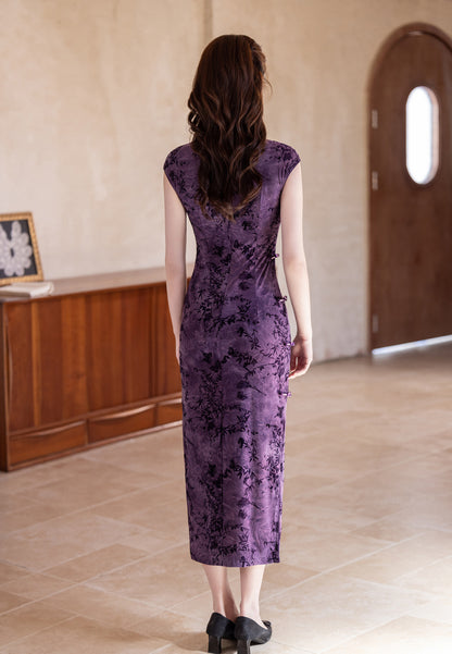 Autumn Elegant Cheongsam – Purple Retro Crescent Sleeve Dress