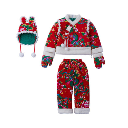 Northeast Floral Girls Padded Jacket Winter Rabbit Ear Four-Piece