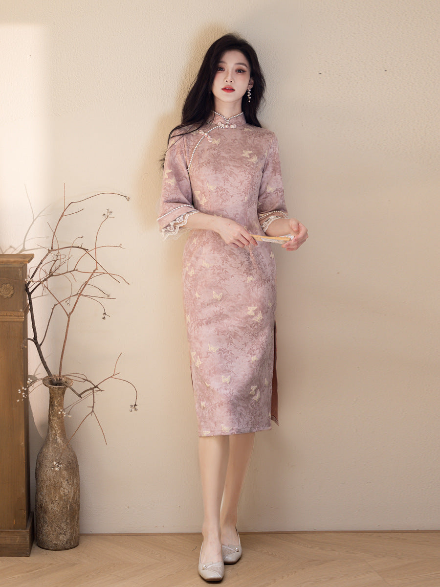 Republic of China Style Pink Cheongsam – Autumn Youth Dress