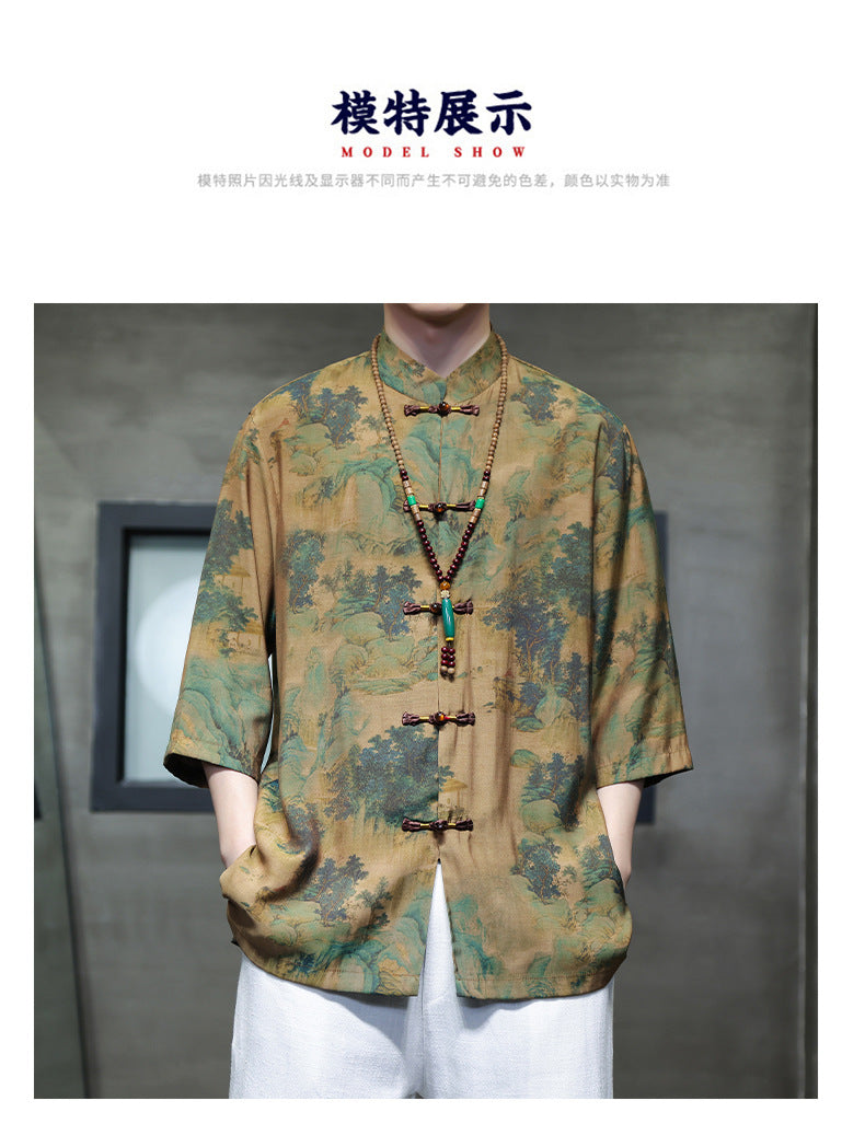 Mens Summer Chinese Tang Shirt Three Quarter Sleeve Fashion Trendy