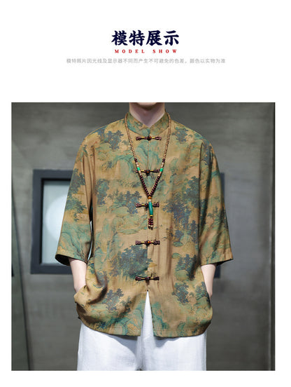 Mens Summer Chinese Tang Shirt Three Quarter Sleeve Fashion Trendy