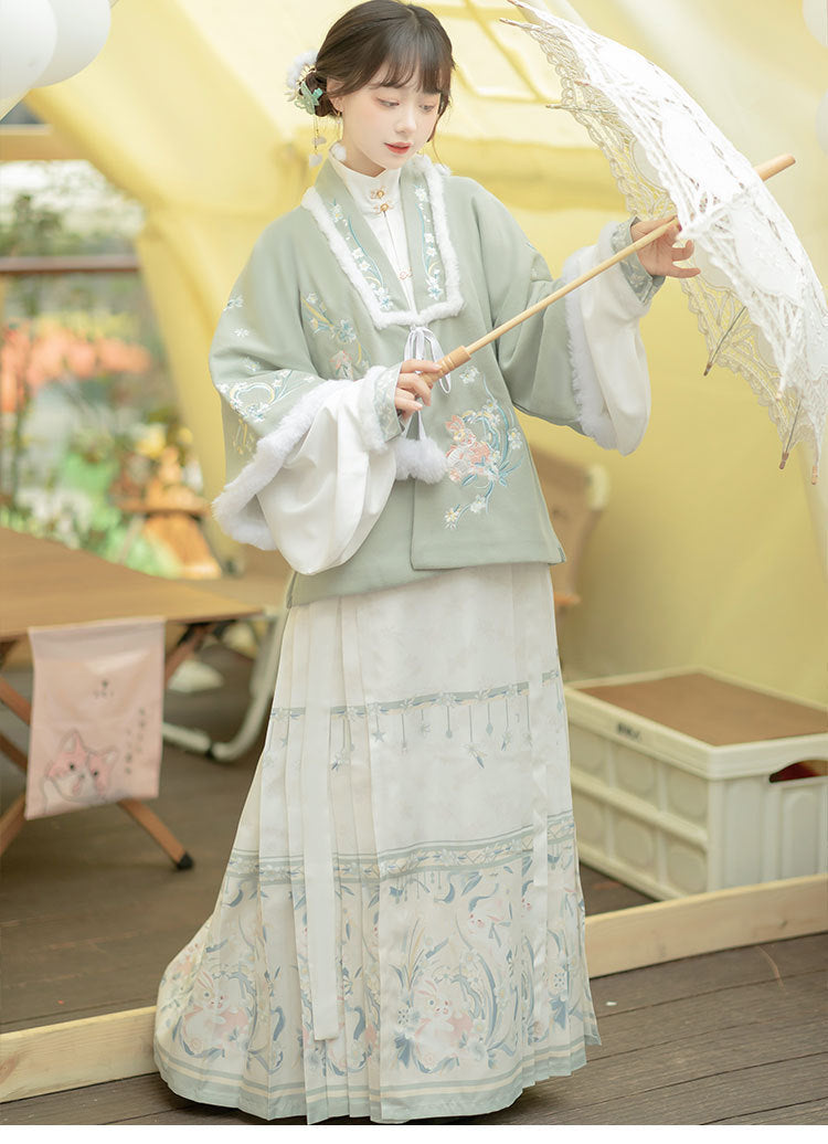 Trees of Sea Women Ming Hanfu Set: Fleece Lined Embroidered Collared Jacket & Horse Face Skirt New Year Outfit