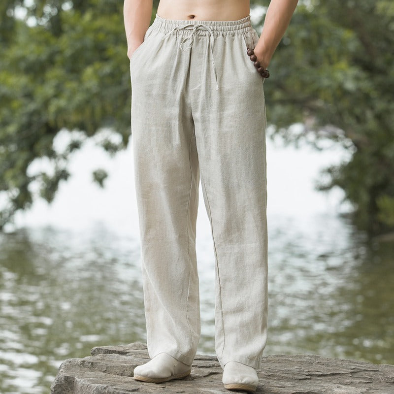 Mens Summer Thin Breathable Linen Pants Cotton Linen Wide Leg Casual