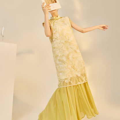 New Chinese Style Printed Cheongsam | Autumn Elegant Beaded Dress