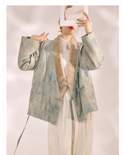 New Chinese Style Feather Collar Embroidered Cotton Jacket for Women