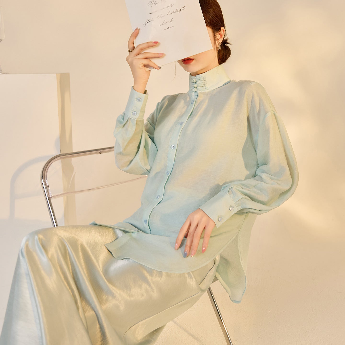 Autumn Button-Up Stand Collar National Style Top & Skirt Set