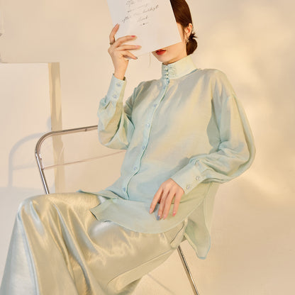 Autumn Button-Up Stand Collar National Style Top & Skirt Set