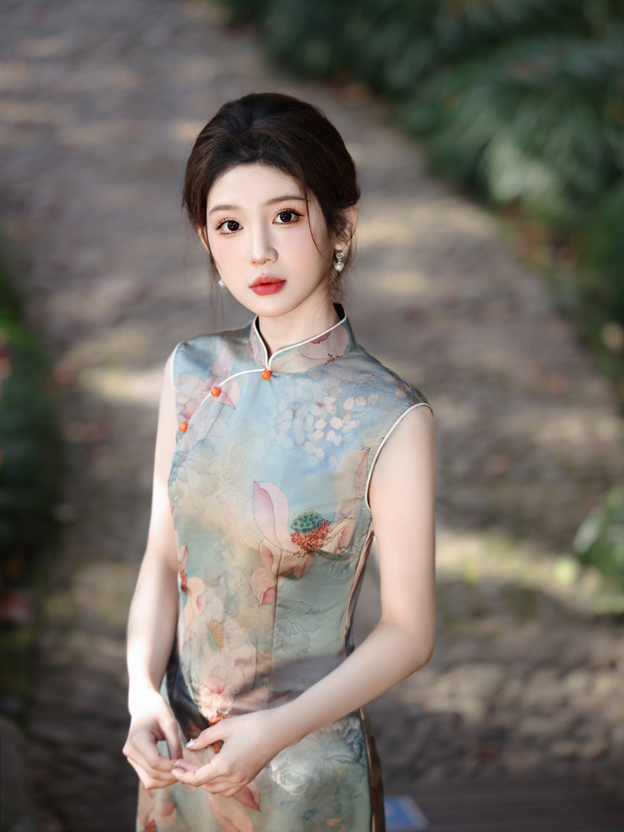 Oil Painting Print Sleeveless Cheongsam – Elegant Slim Dress