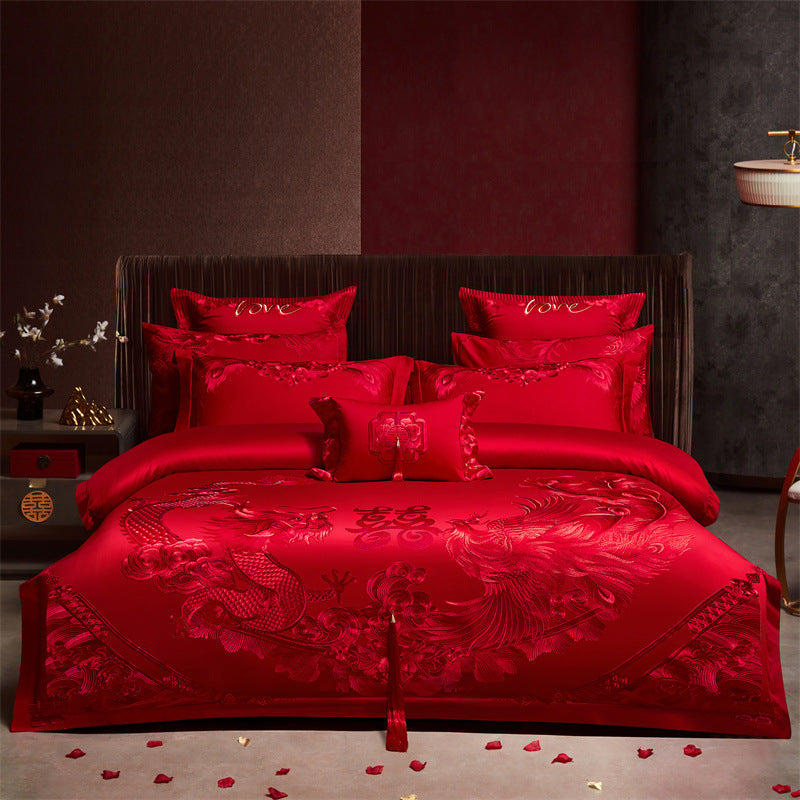 Luxury Red Cotton Wedding Bedding 4-Piece Embroidered Set