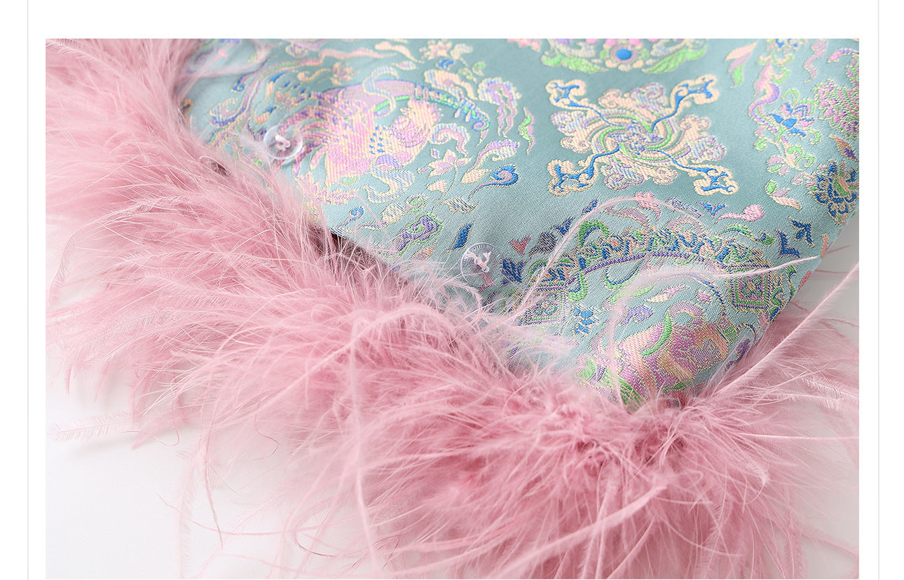 Ostrich Feather Detachable Vest – Elegant New Chinese Style Top